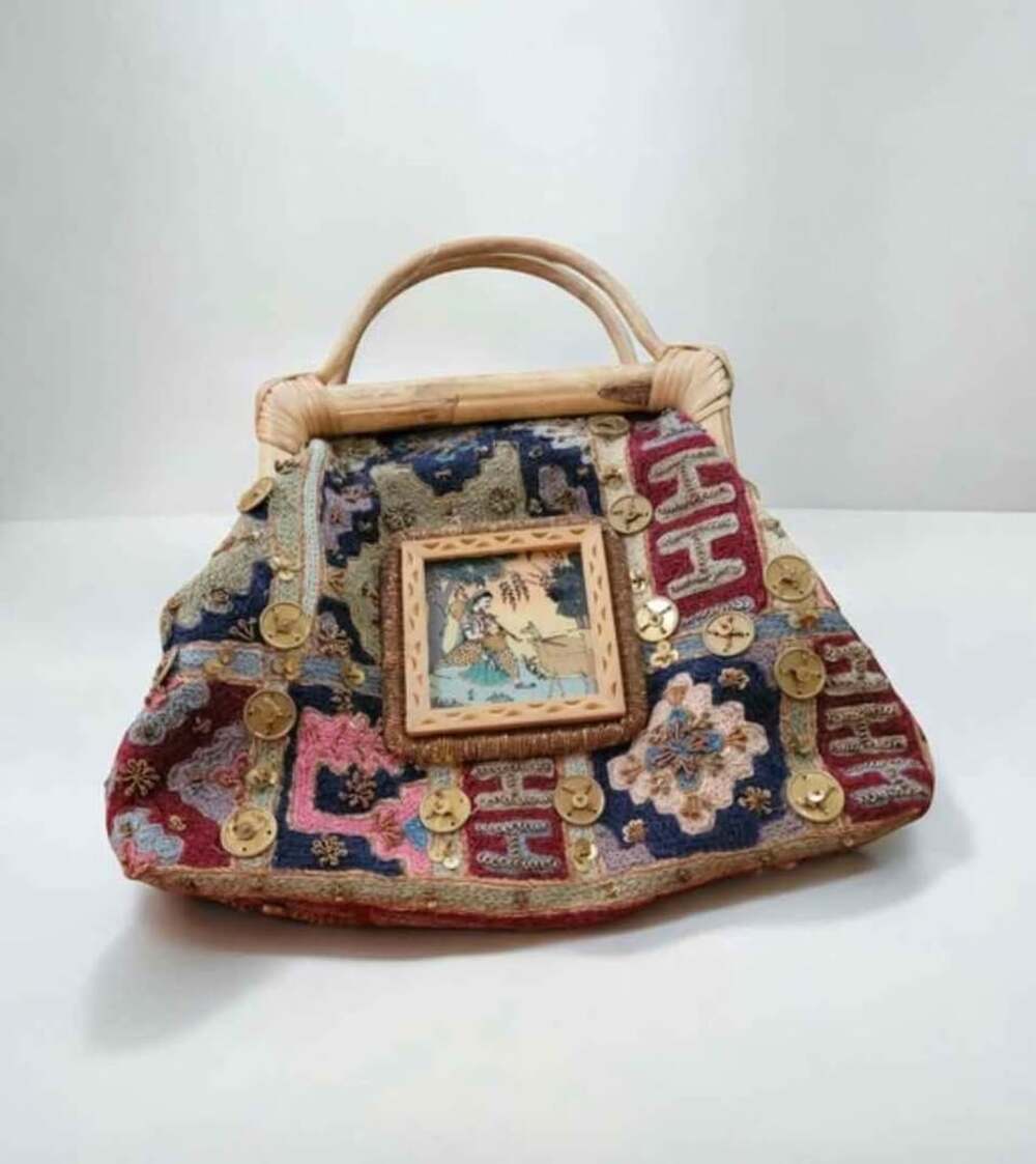 Vintage Tapestry Handbag with Framed Miniature Art and Bamboo Handles